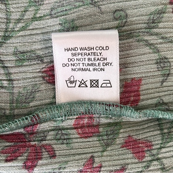 Celina Moon Green Pink Floral Crochet Lace Trimmed Tiered Crinkly Mini Dress - M - Picture 11 of 12